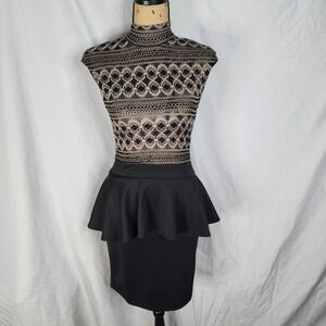 Y2K COVETED CLOTHING Size Small Sheer Black & Gold Bodice Open Back Peplum Dress